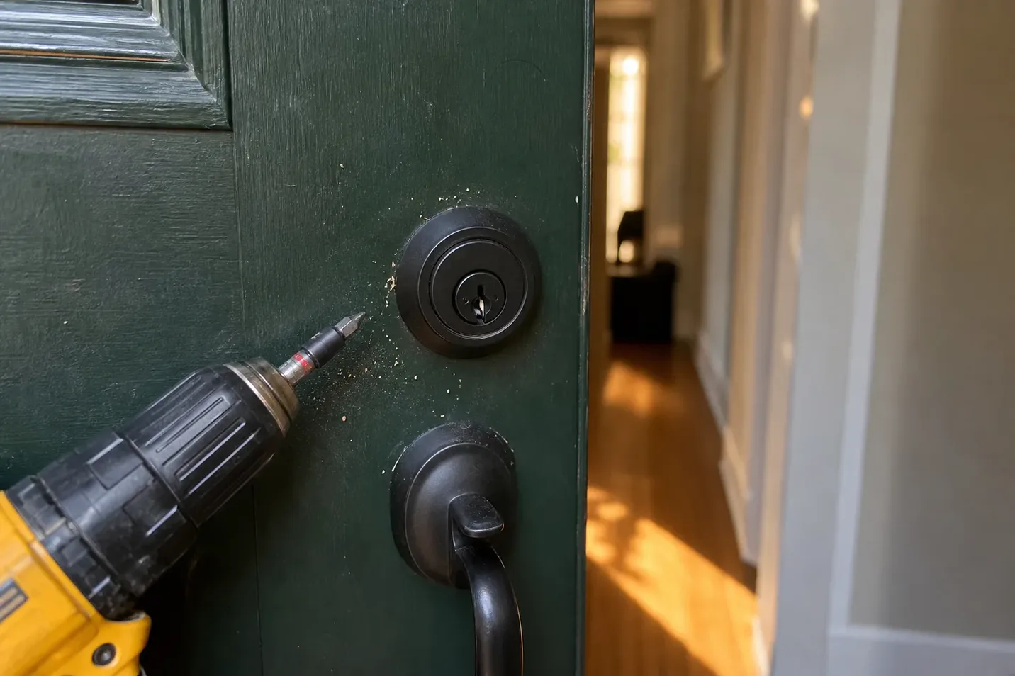 New deadbolt being installed in a front door